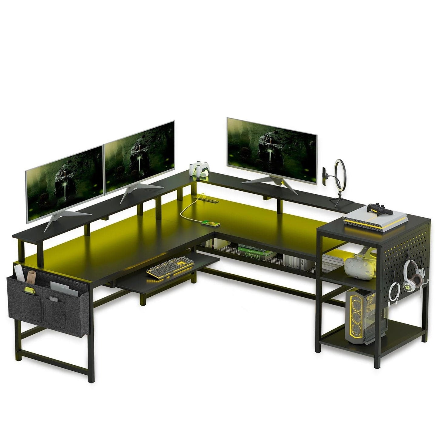 96 Inches L Shaped Reversible LED Gaming Desk Black