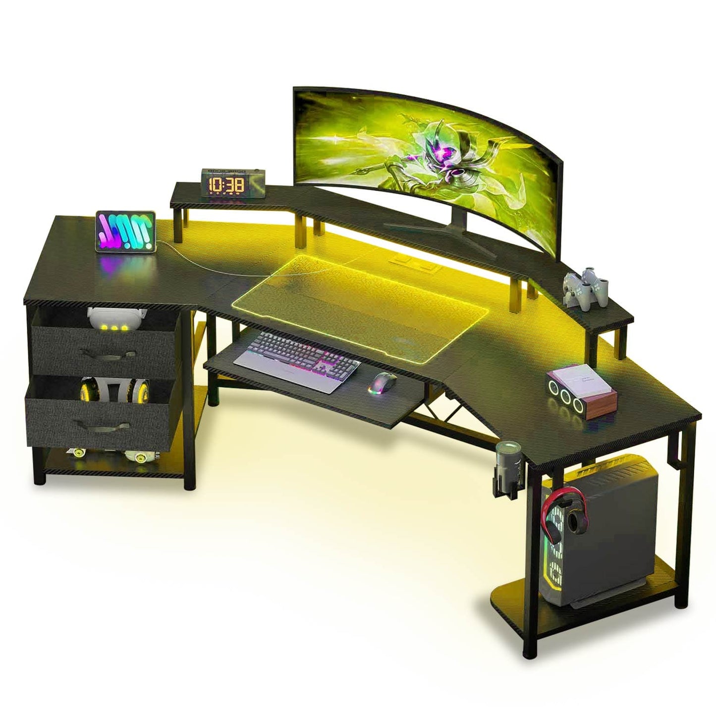 79 Inches Wing Shaped LED Gaming Desk with 2 Drawers Black
