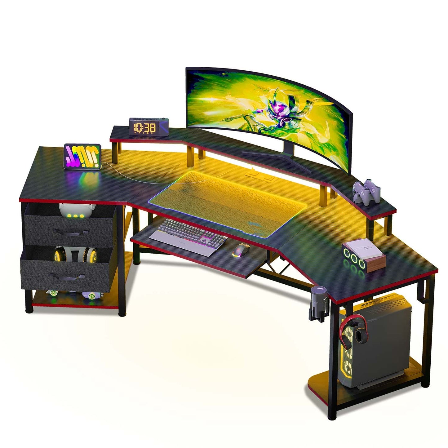 79 Inches Wing Shaped Gaming Desk with 2 Drawers Black Red