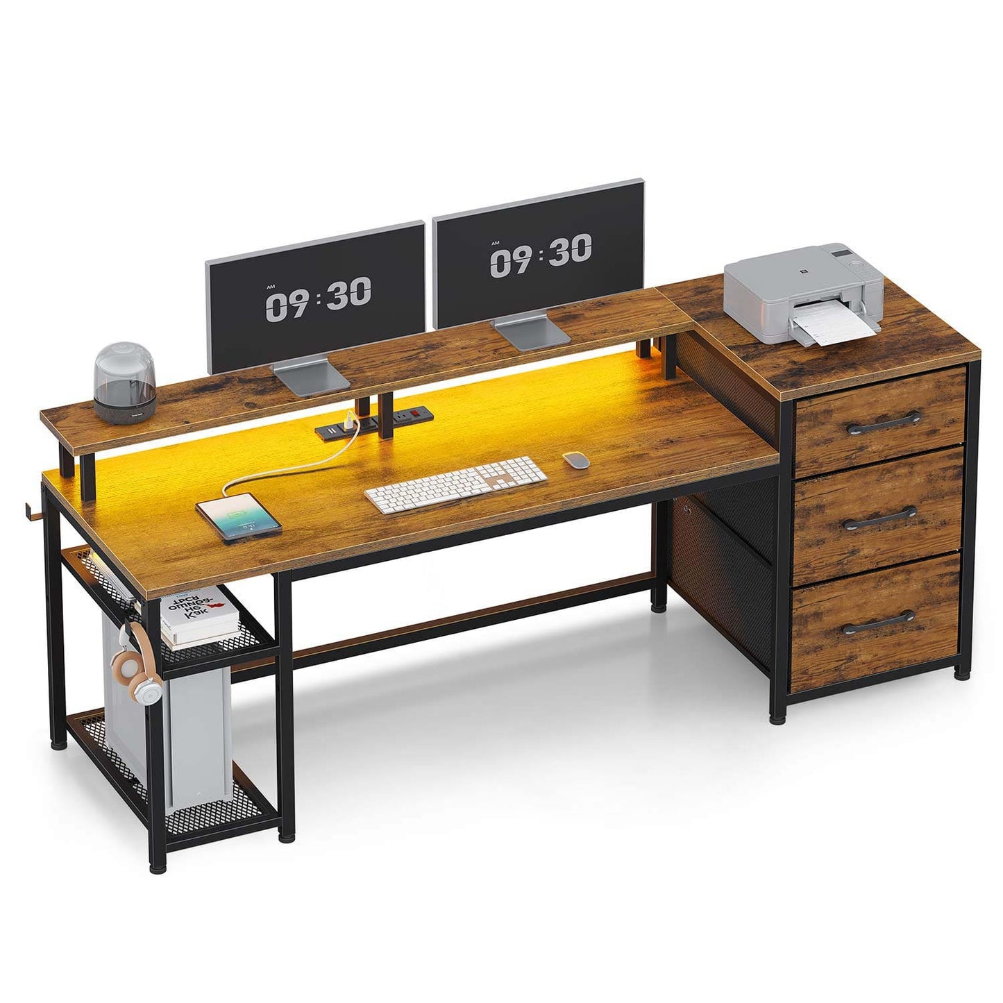 59 Inches Reversible LED Gaming Desk with File Drawers Brown