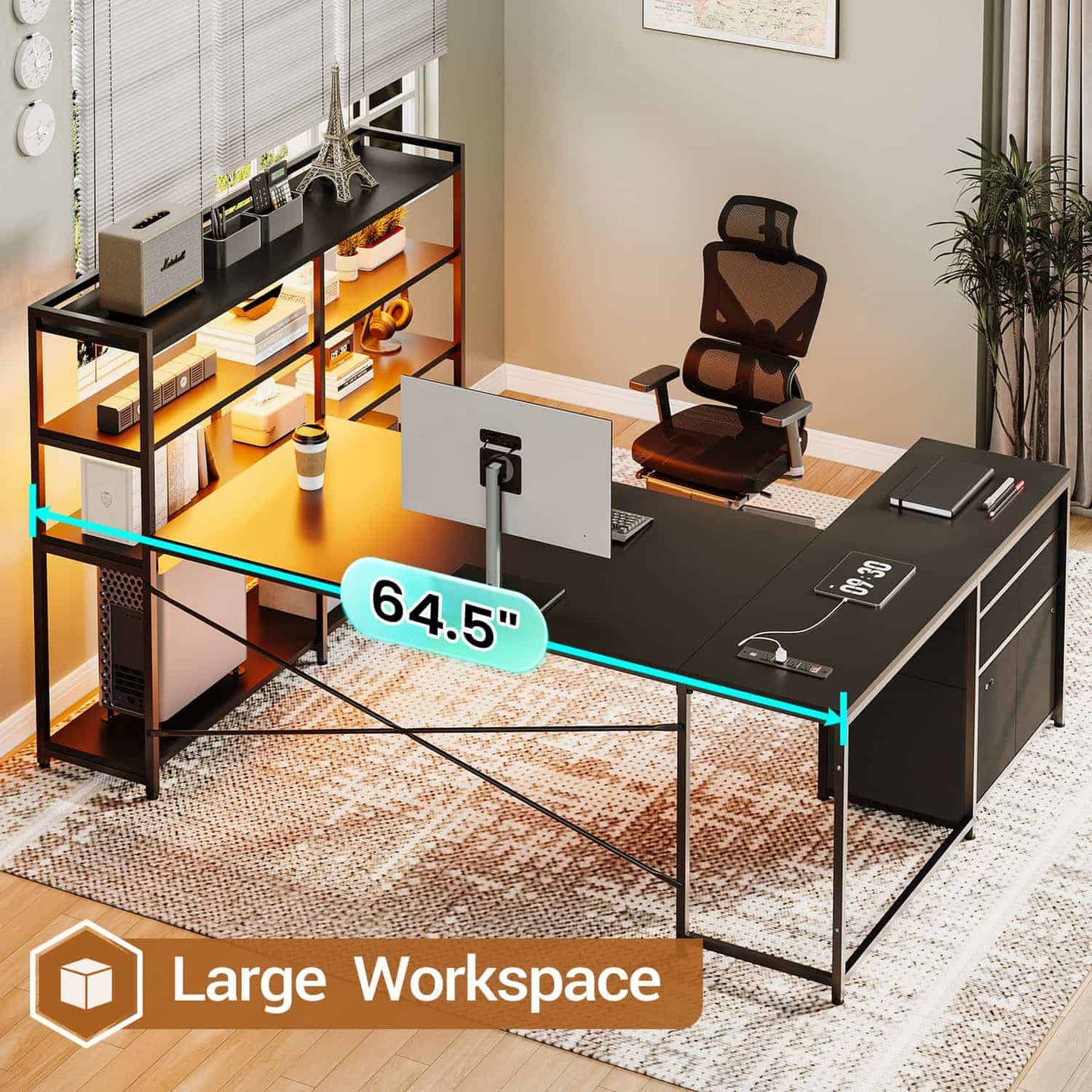 64.5 Inches Reversible U Shaped LED Gaming Desk Black