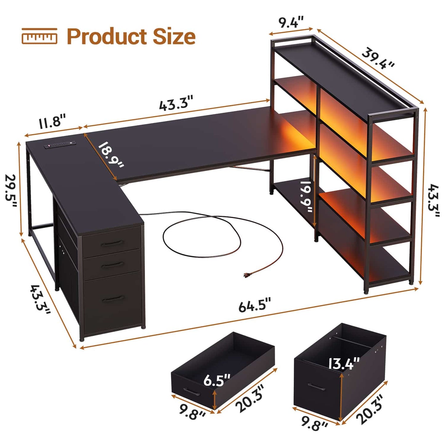 64.5 Inches Reversible U Shaped LED Gaming Desk Black
