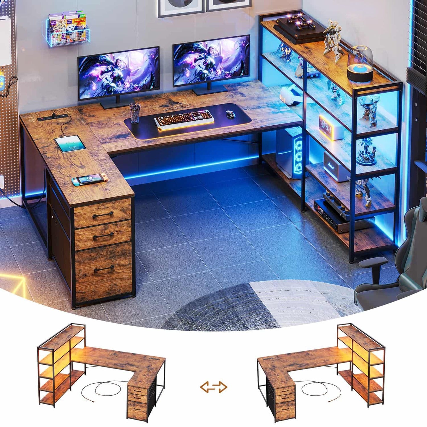 64.5 Inches Reversible U Shaped LED Gaming Desk Brown