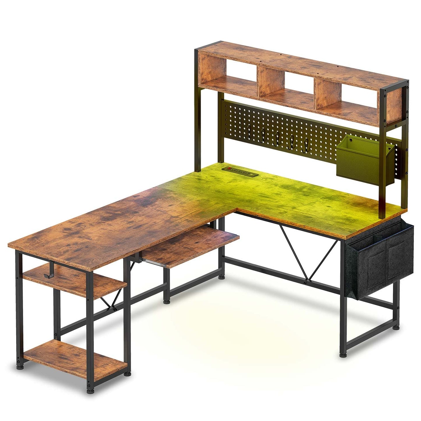 57.5 Inches Reversible L Shaped LED Gaming Desk with Power Outlet Rustic Brown