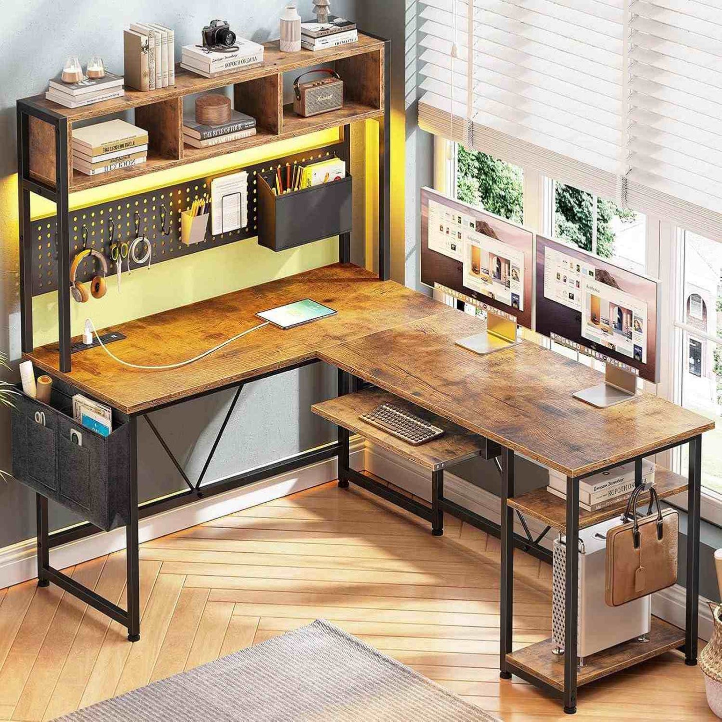 57.5 Inches Reversible L Shaped LED Gaming Desk with Power Outlet Rustic Brown