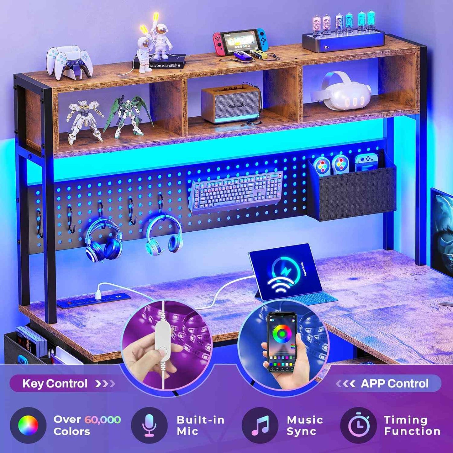 57.5 Inches Reversible L Shaped LED Gaming Desk with Power Outlet Rustic Brown
