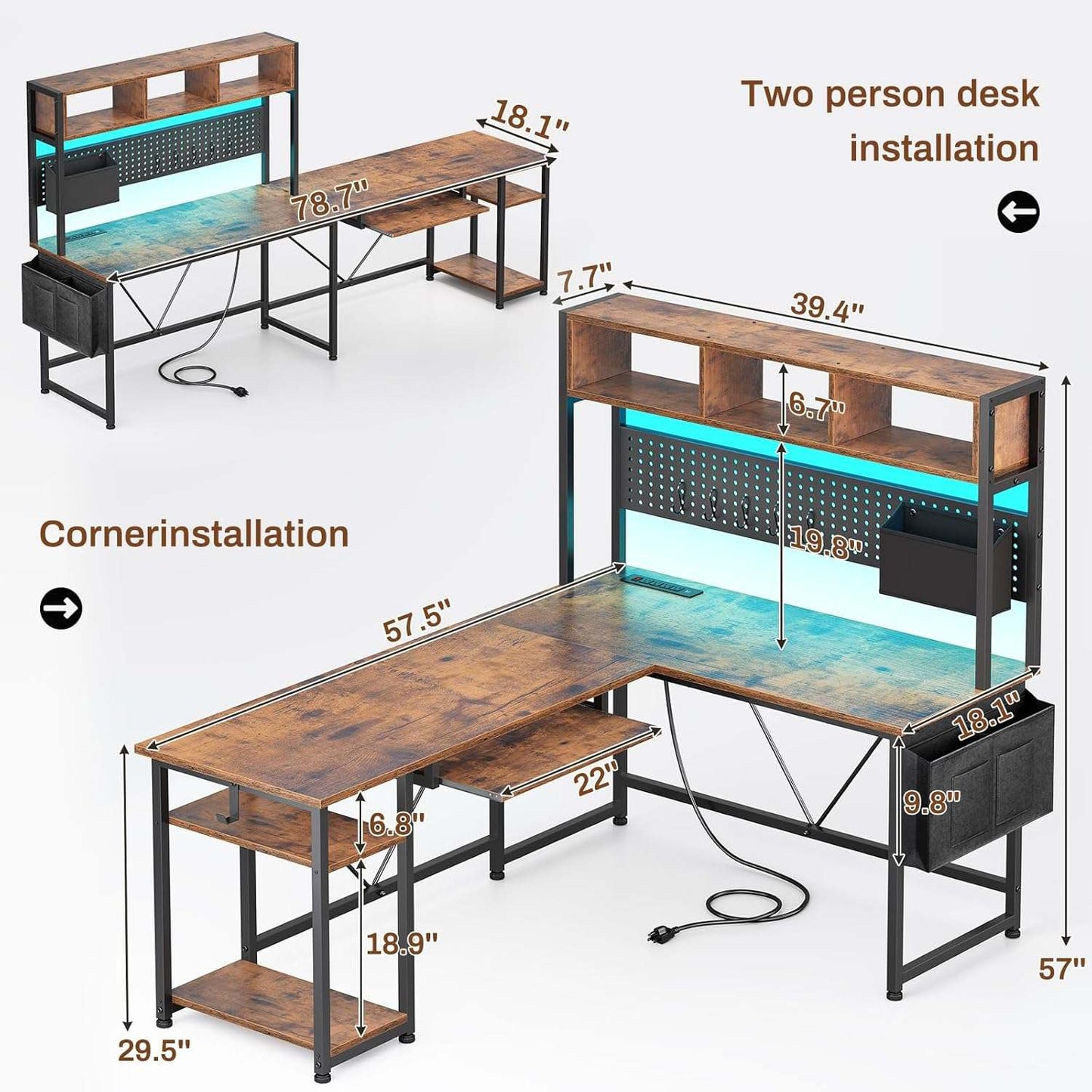 57.5 Inches Reversible L Shaped LED Gaming Desk with Power Outlet Rustic Brown
