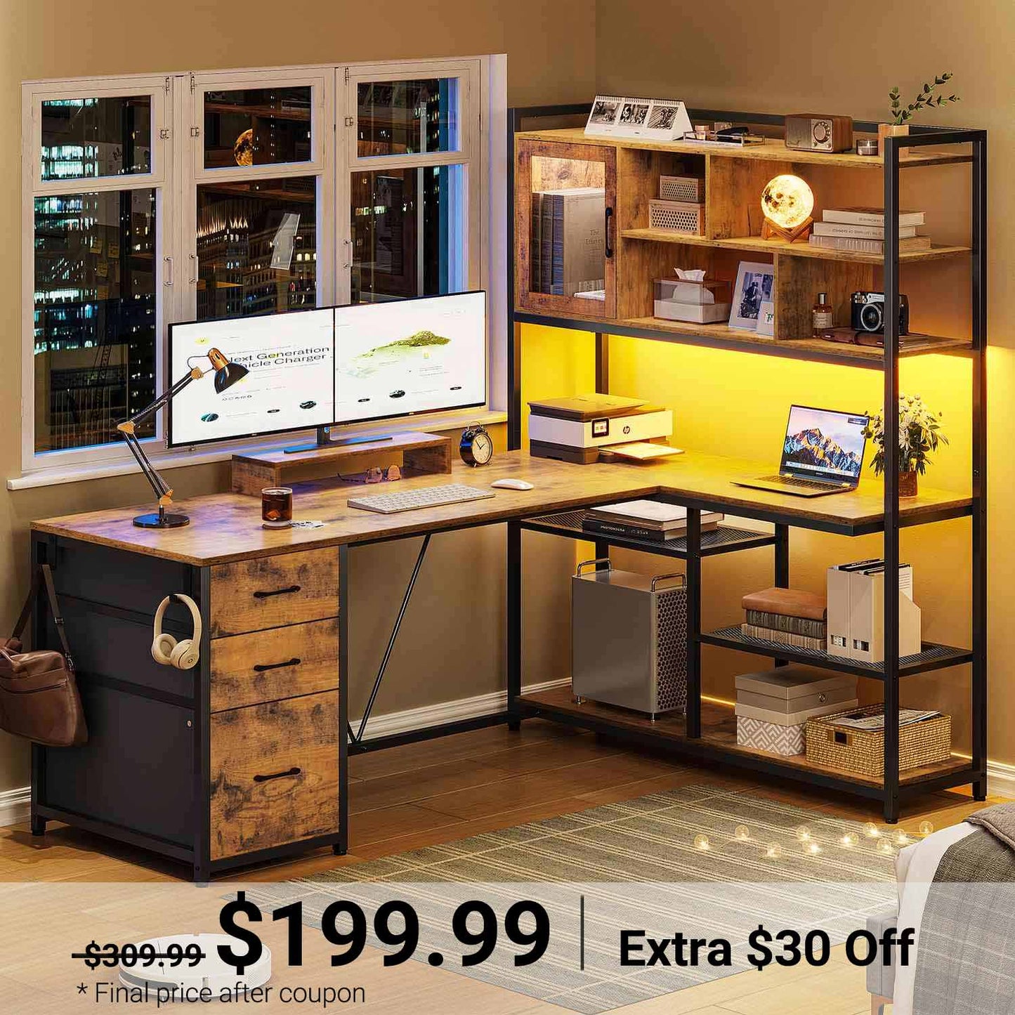 58 Inches L Shaped LED Gaming Desk Brown