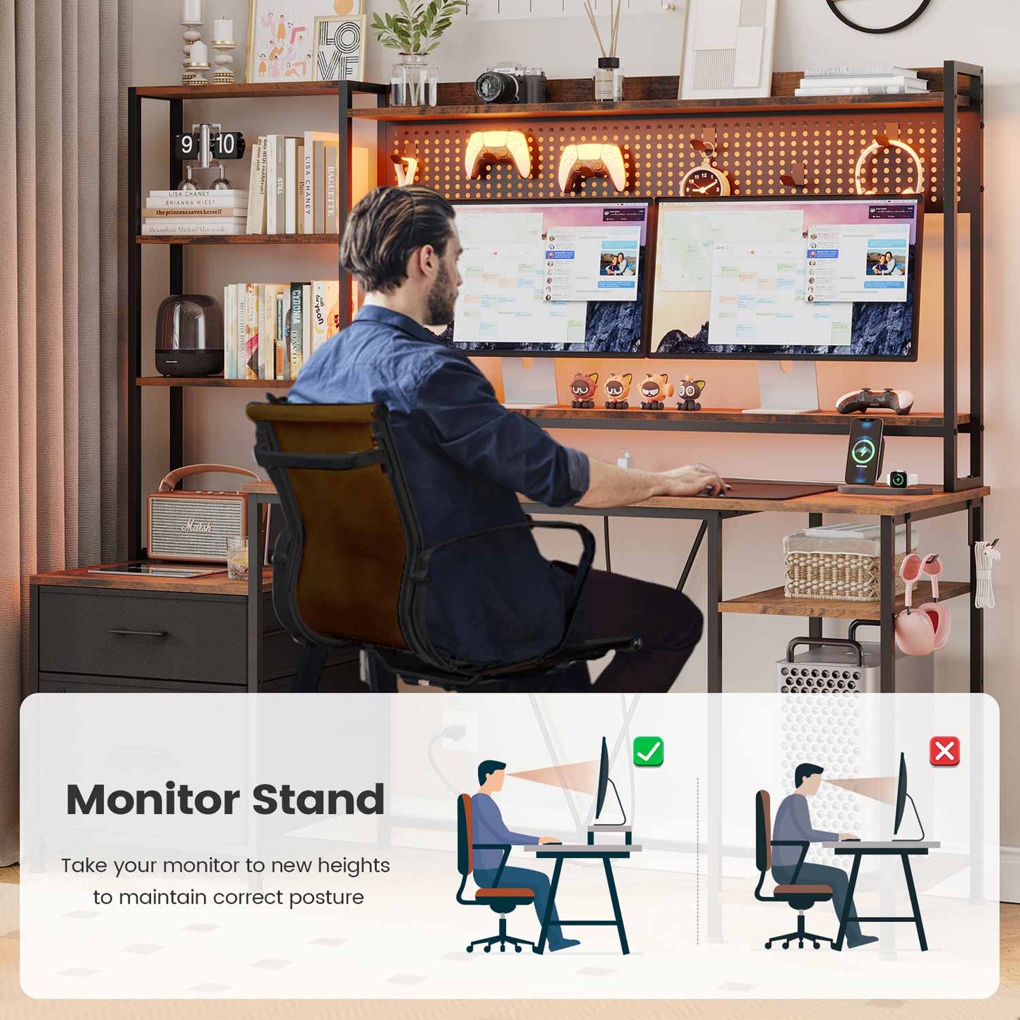 65 Inches Reversible LED Gaming Desk Brown