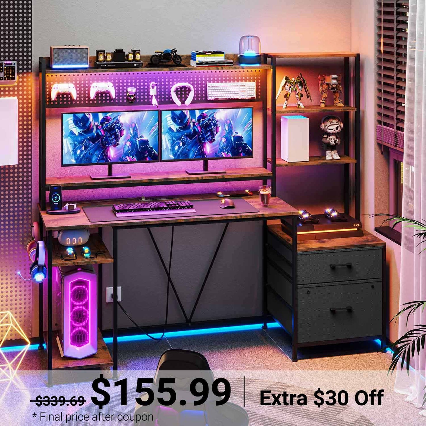 65 Inches Reversible LED Gaming Desk Brown
