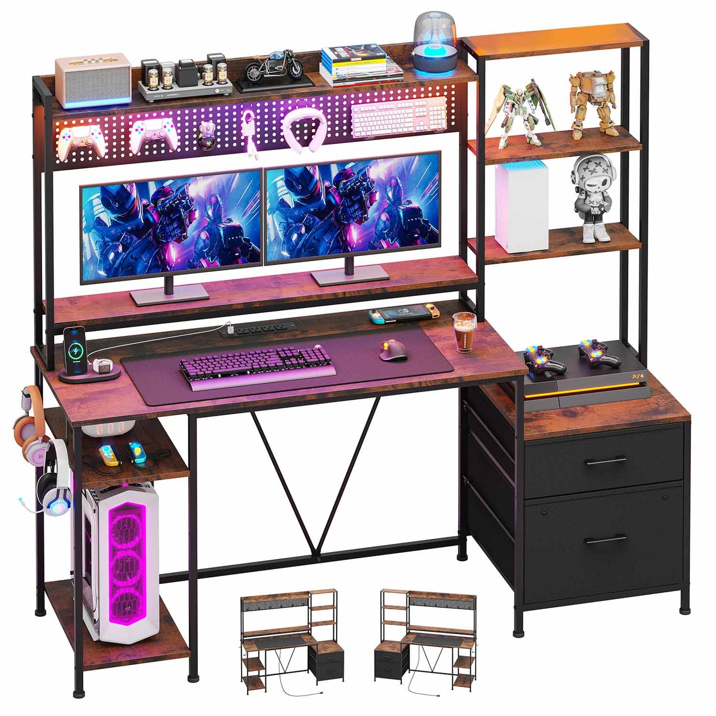 65 Inches Reversible LED Gaming Desk Brown