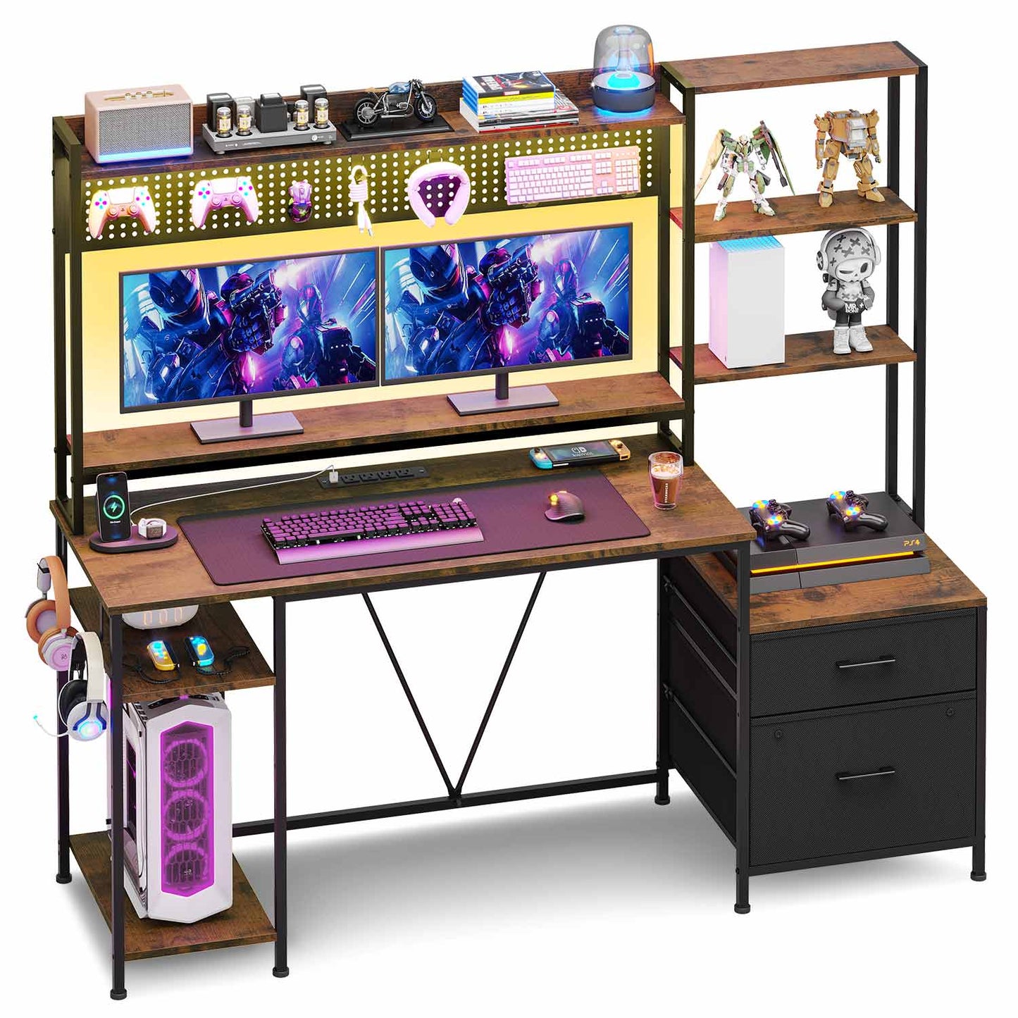 65 Inches Reversible LED Gaming Desk Brown