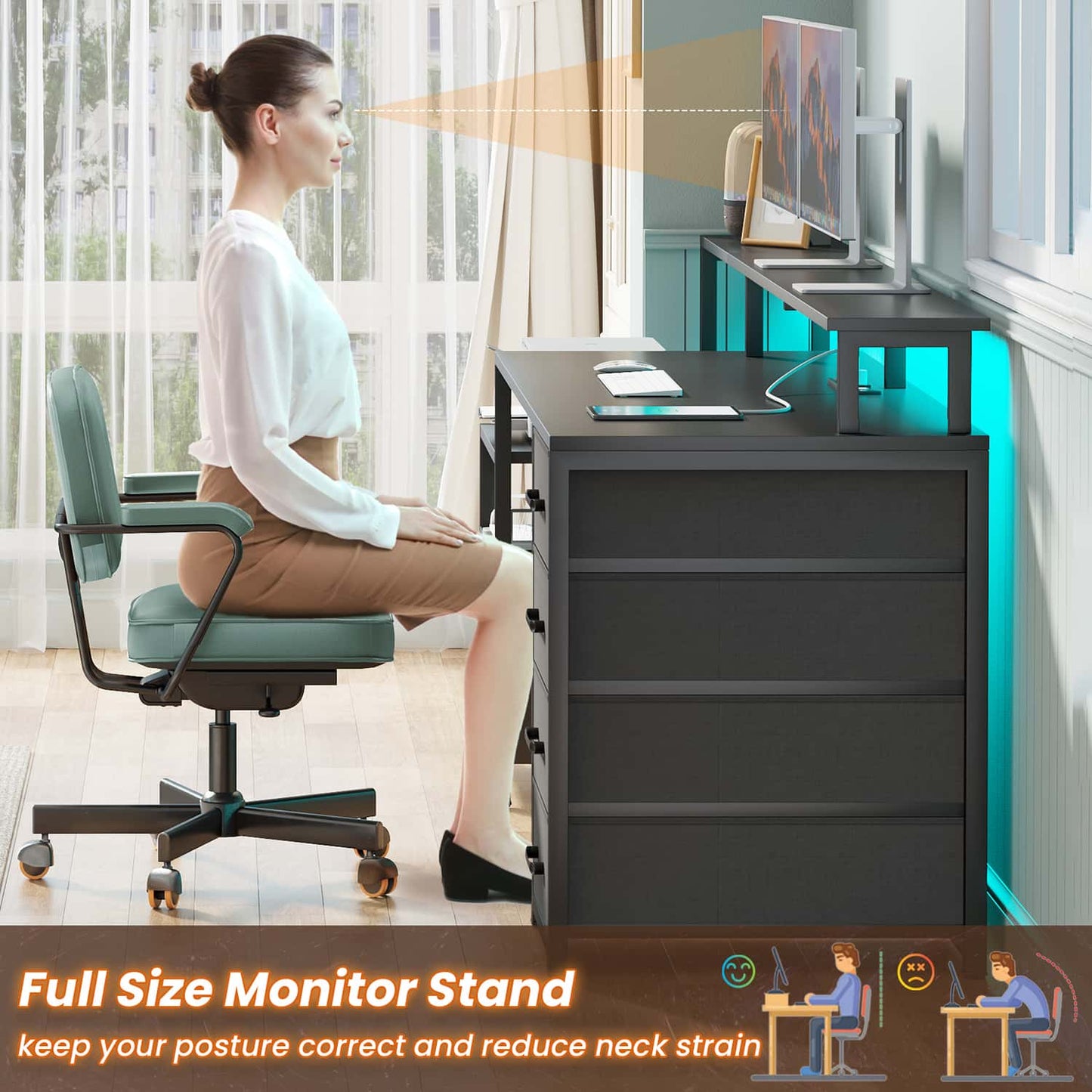 66 inches LED Gaming Desk with Monitor Shelf Black