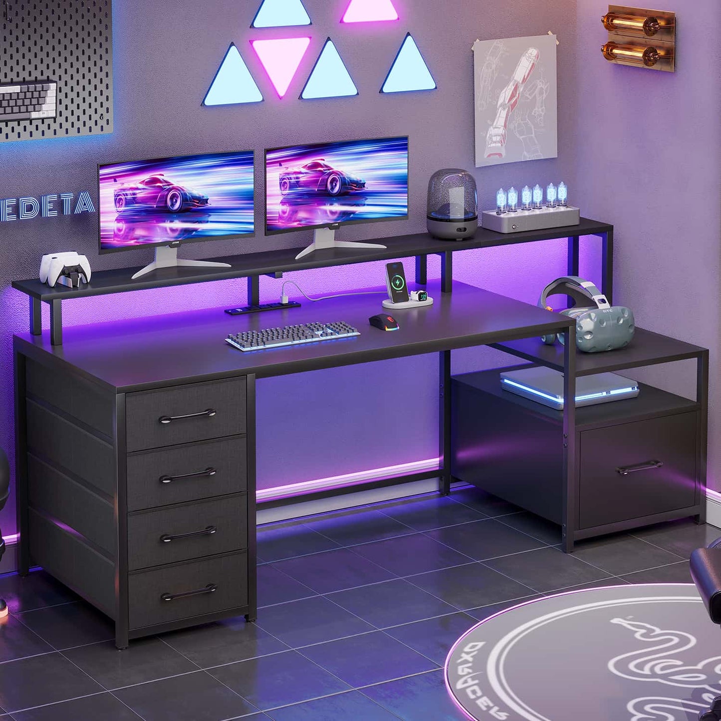66 inches LED Gaming Desk with Monitor Shelf Black