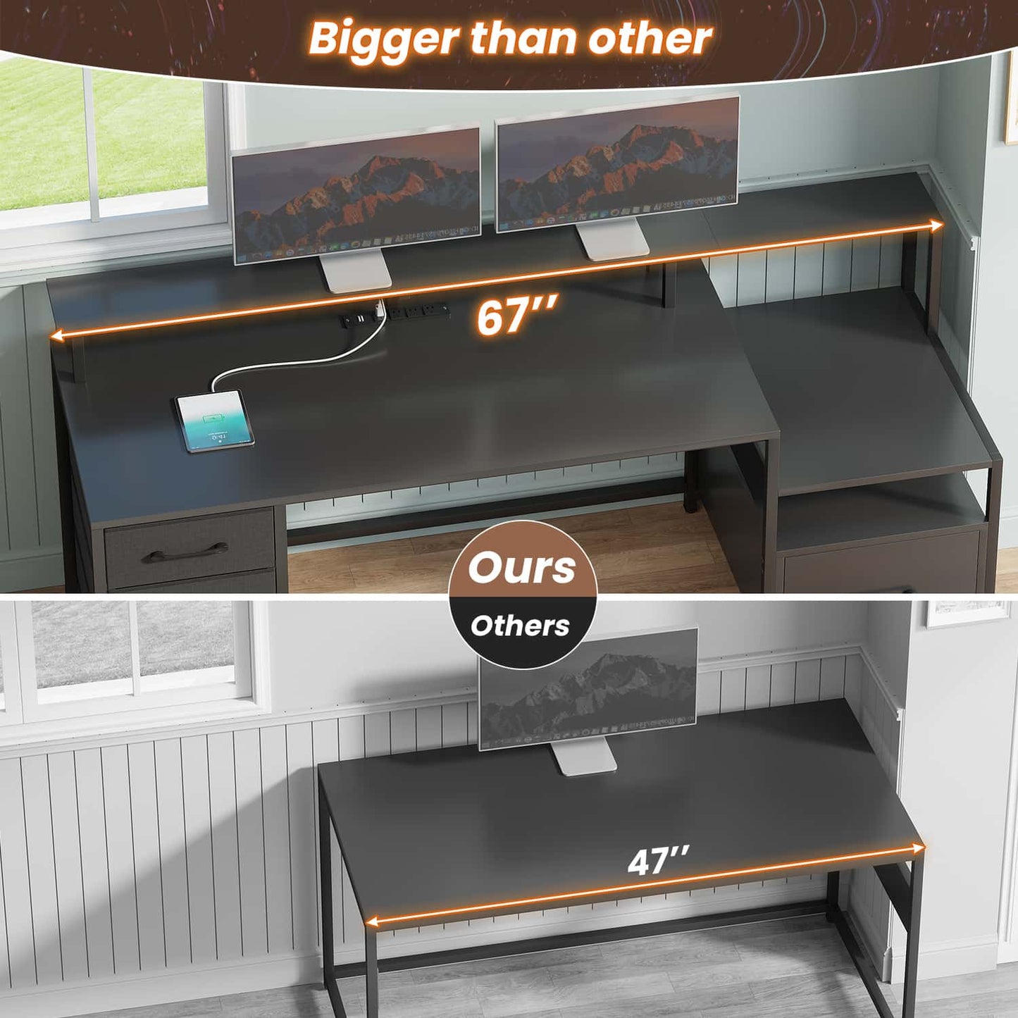 66 inches LED Gaming Desk with Monitor Shelf Black