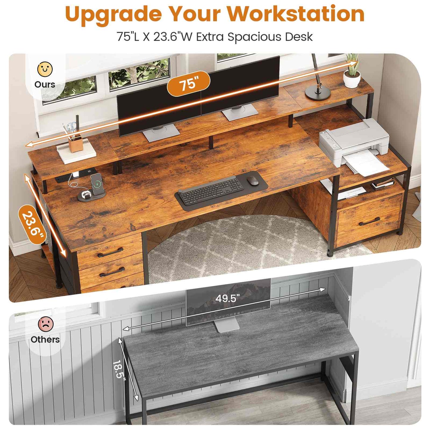 75 Inches Led Gaming Desk with Power Outlet and Monitor Shelf Brown