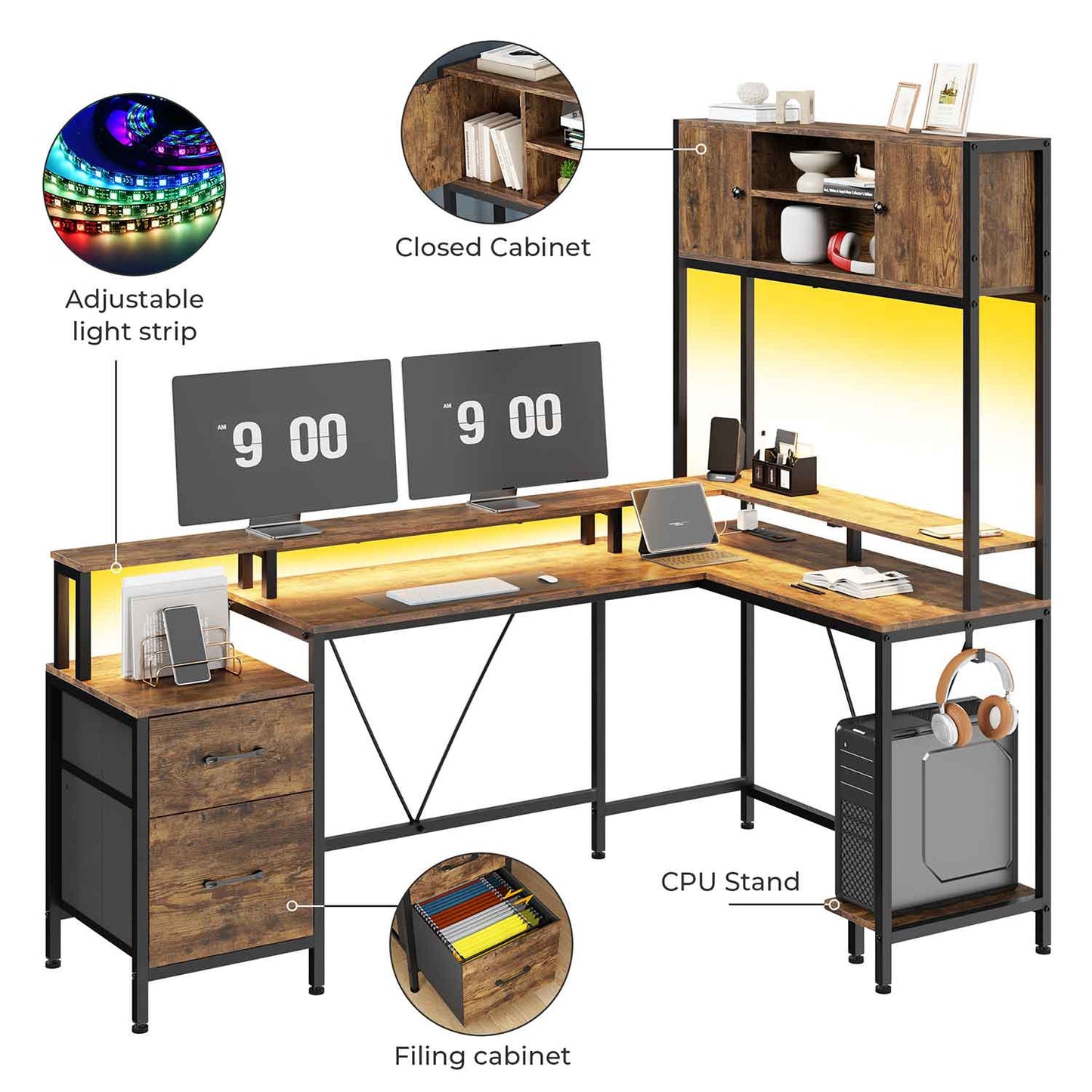 Reversible L-Shaped LED Gaming Desk Brown