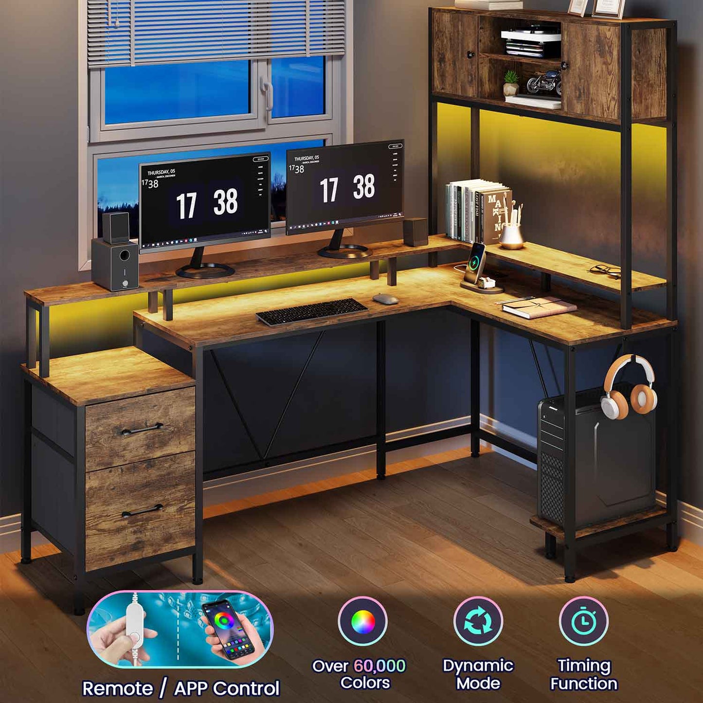 Reversible L-Shaped LED Gaming Desk Brown