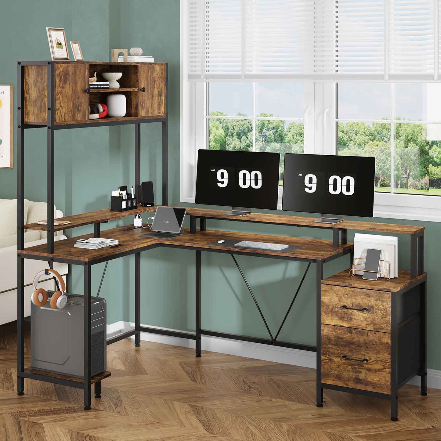 Reversible L-Shaped LED Gaming Desk Brown