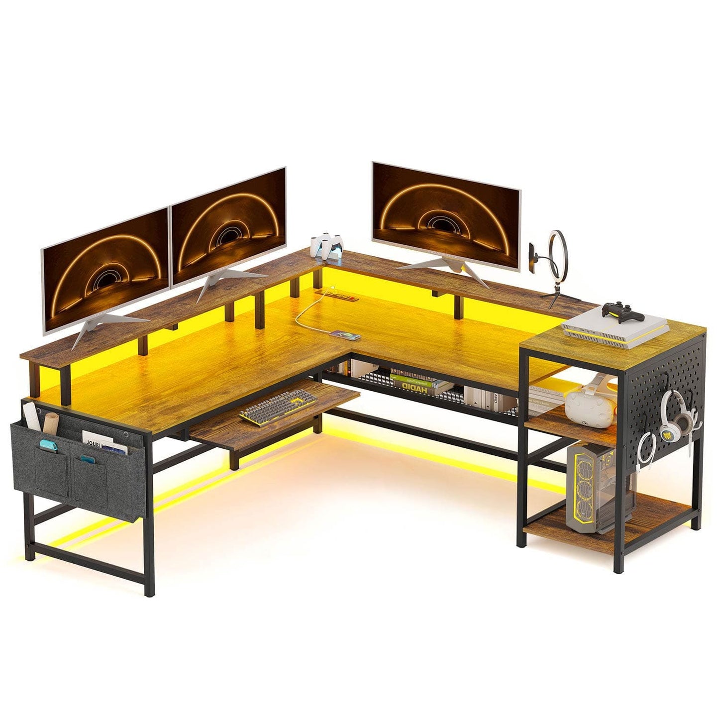 96 Inches L Shaped Reversible LED Gaming Desk Brown