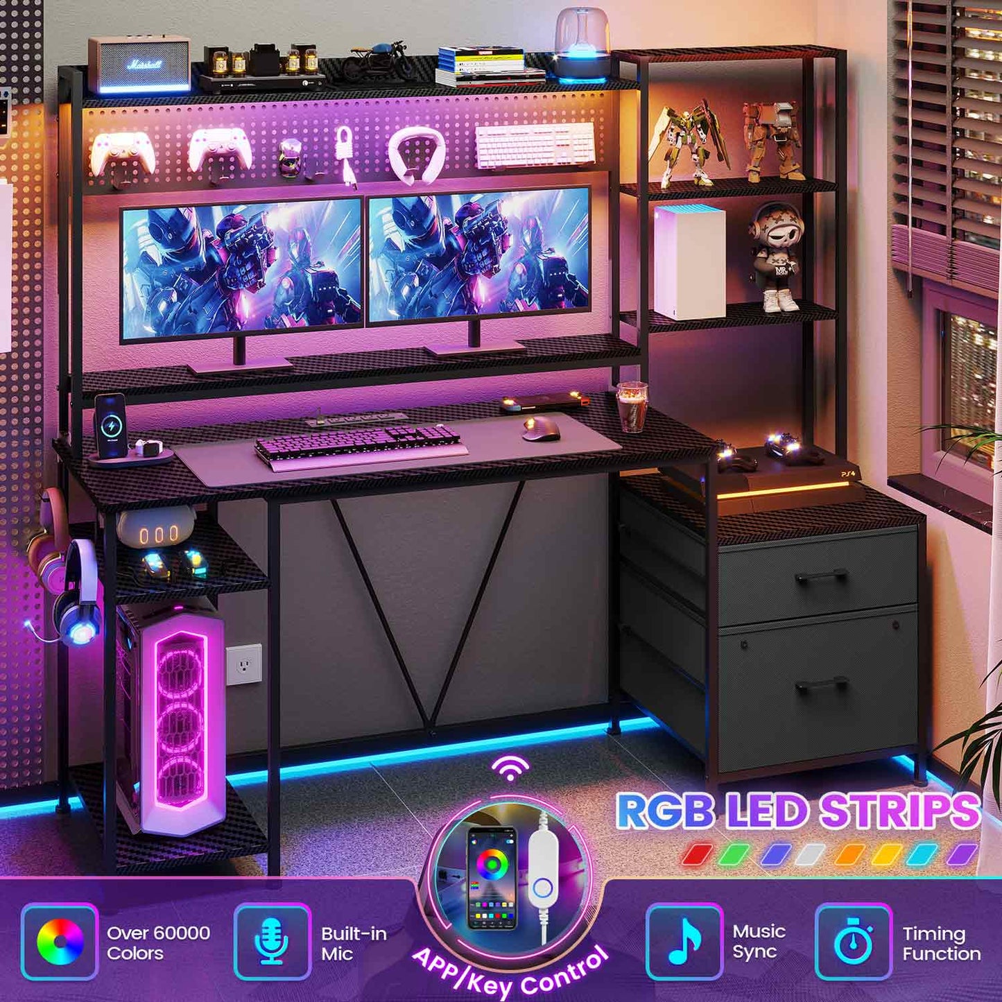 65 Inches Reversible LED Gaming Desk Black