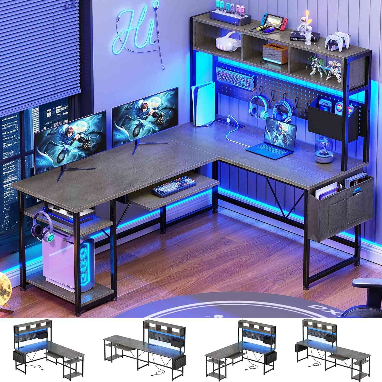 57.5 Inches Reversible L Shaped LED Gaming Desk with Power Outlet Grey