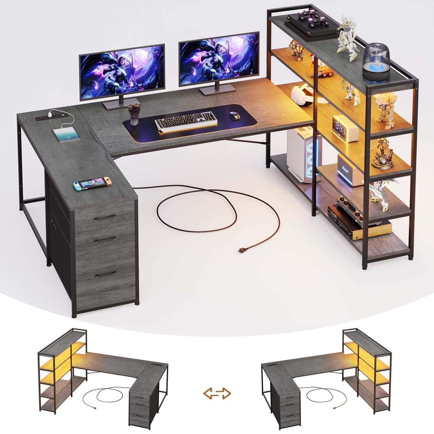 64.5 Inches Reversible U Shaped LED Gaming Desk Grey