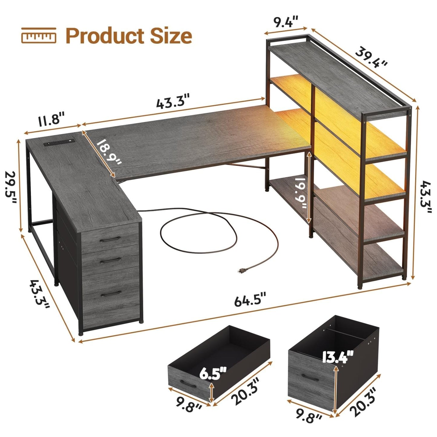 64.5 Inches Reversible U Shaped LED Gaming Desk Grey