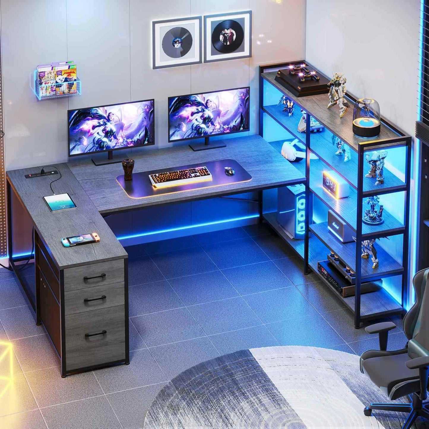 64.5 Inches Reversible U Shaped LED Gaming Desk Grey