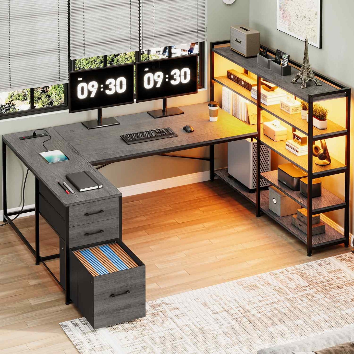 64.5 Inches Reversible U Shaped LED Gaming Desk Grey