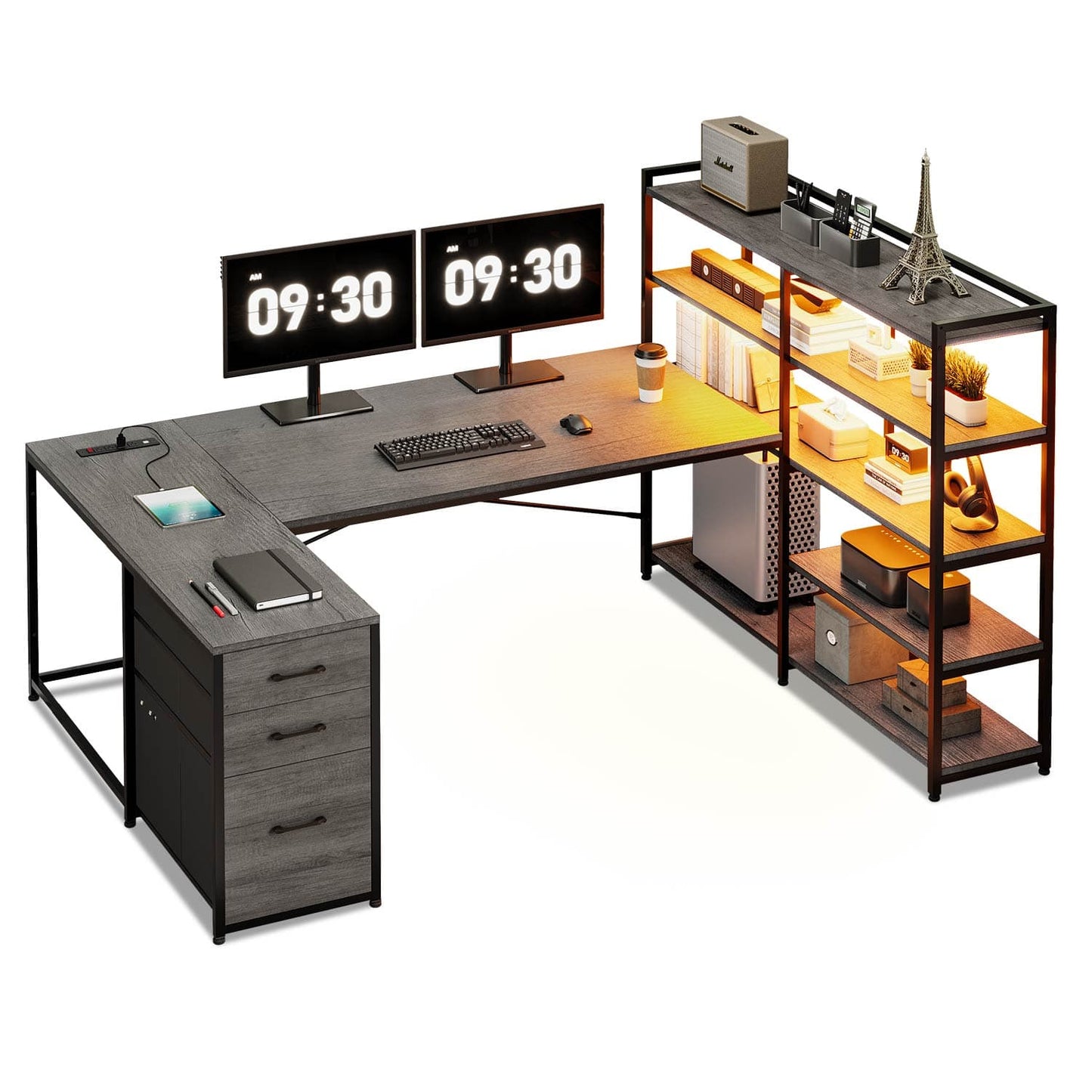 64.5 Inches Reversible U Shaped LED Gaming Desk Grey