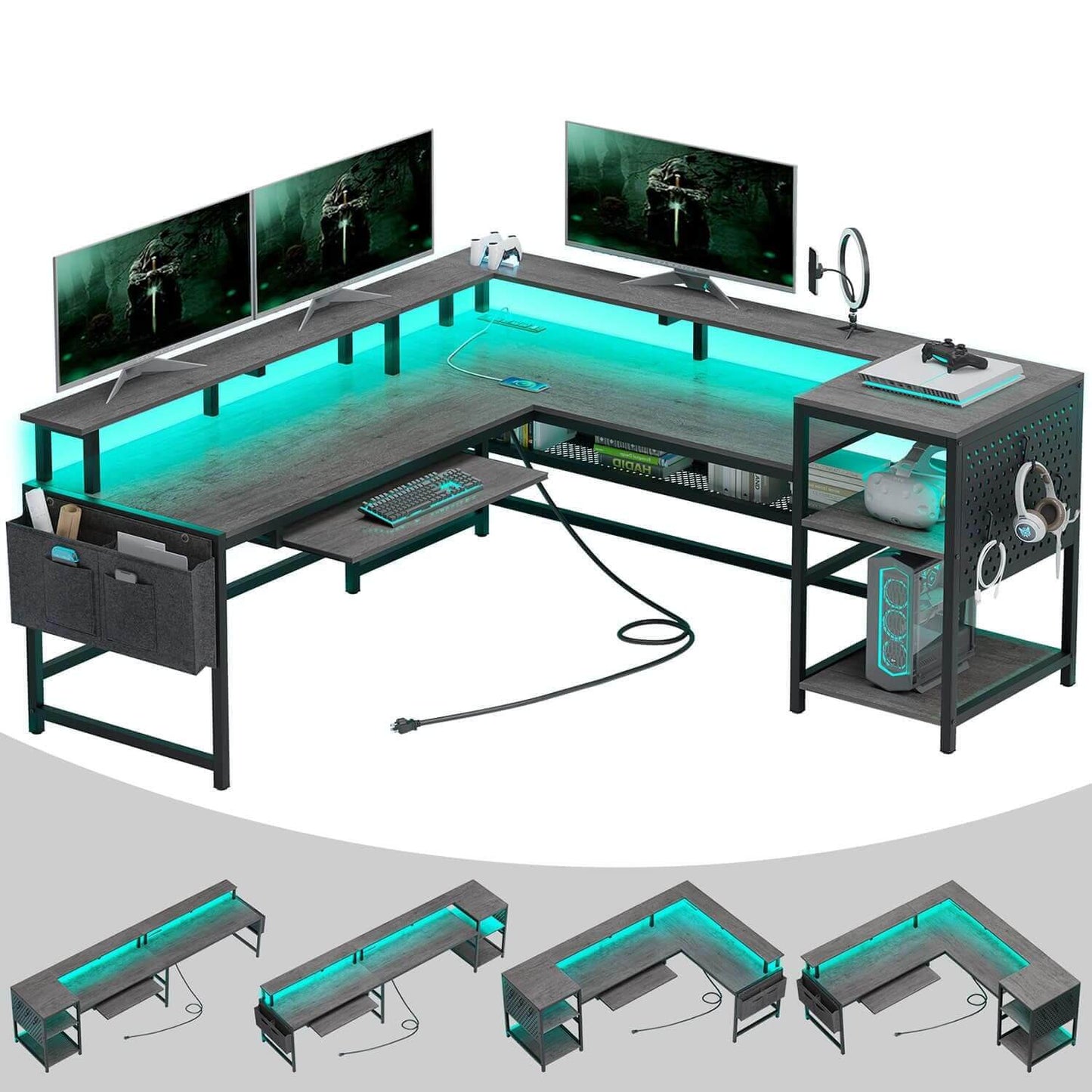 96 Inches L Shaped Reversible LED Gaming Desk Grey