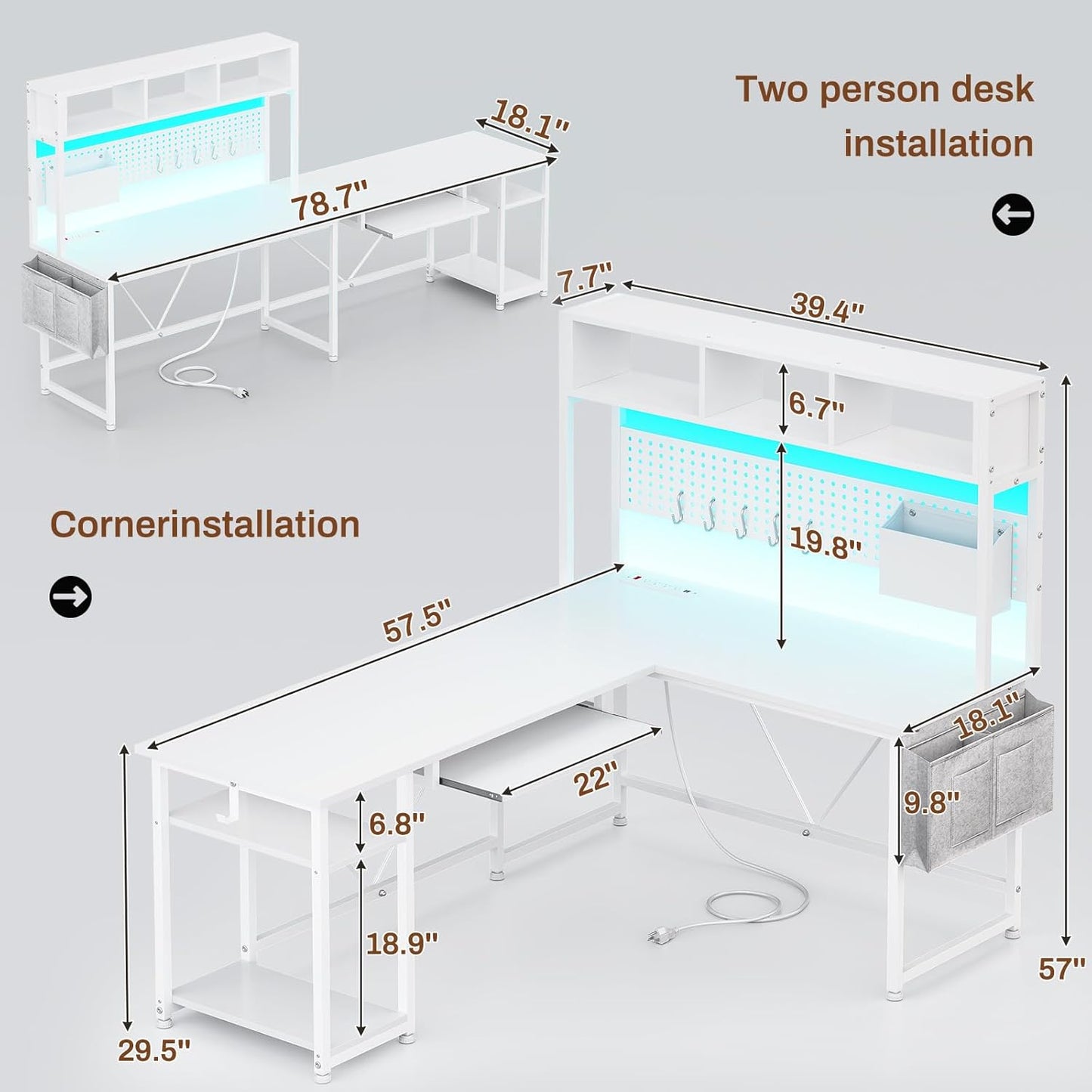 57.5 Inches Reversible L Shaped LED Gaming Desk with Power Outlet White