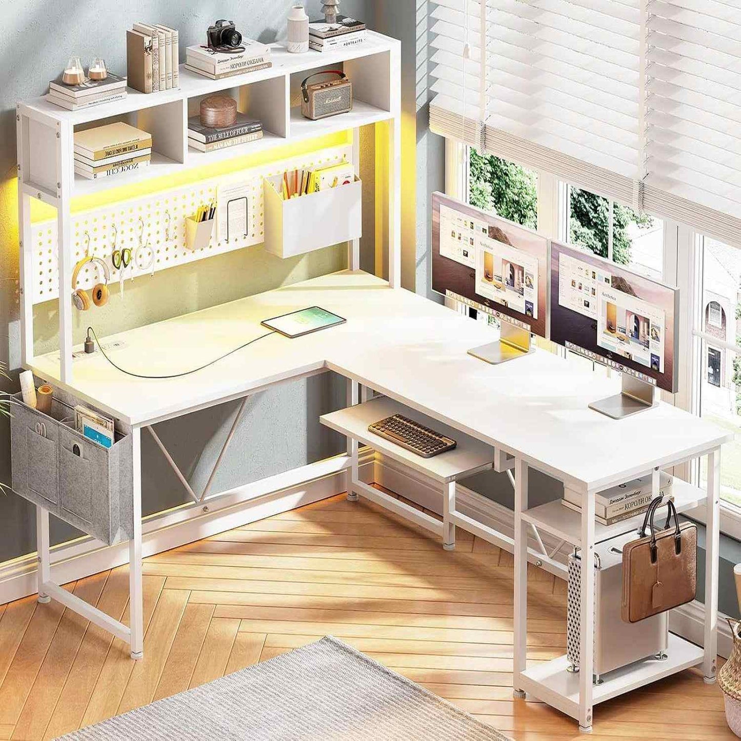 57.5 Inches Reversible L Shaped LED Gaming Desk with Power Outlet White