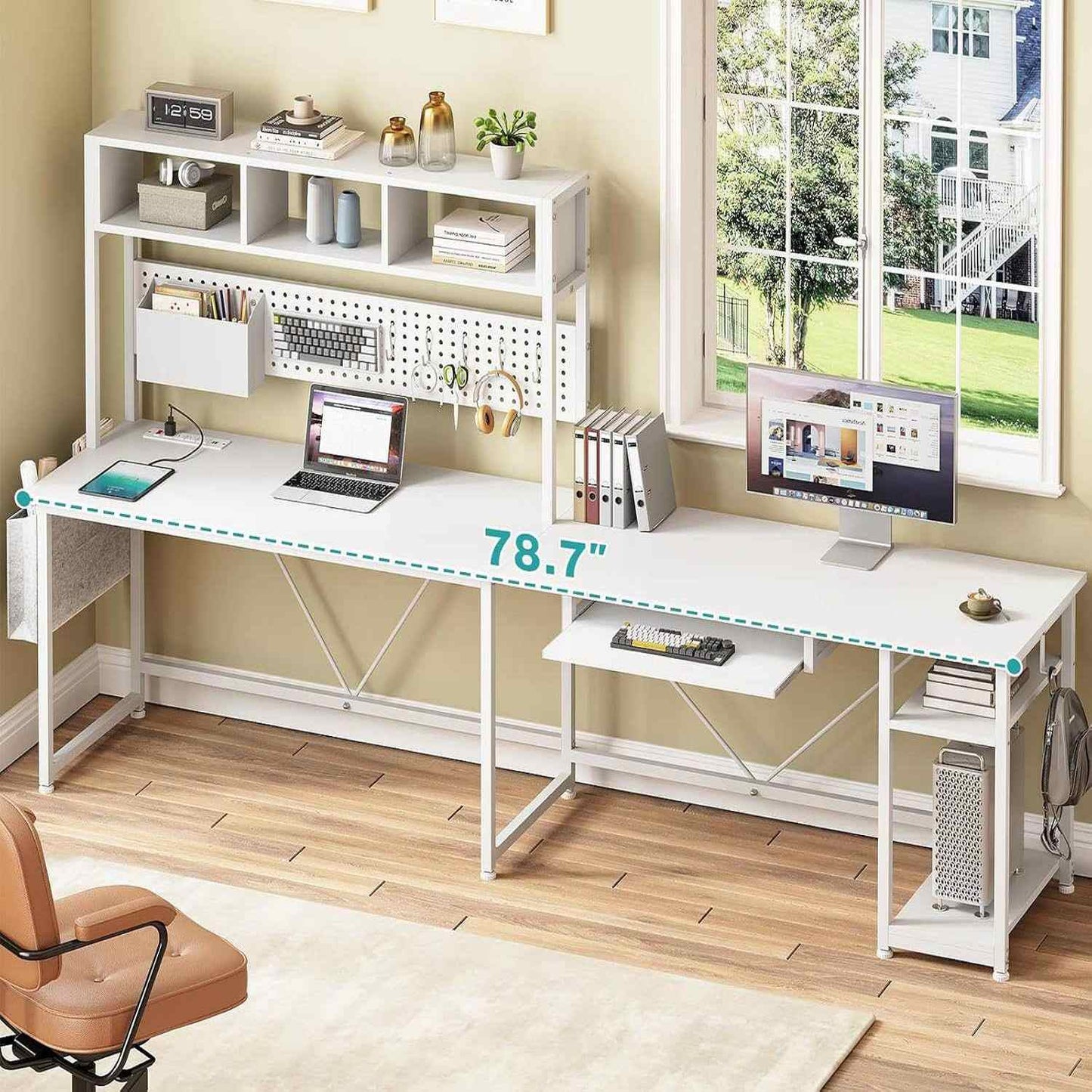 57.5 Inches Reversible L Shaped LED Gaming Desk with Power Outlet White