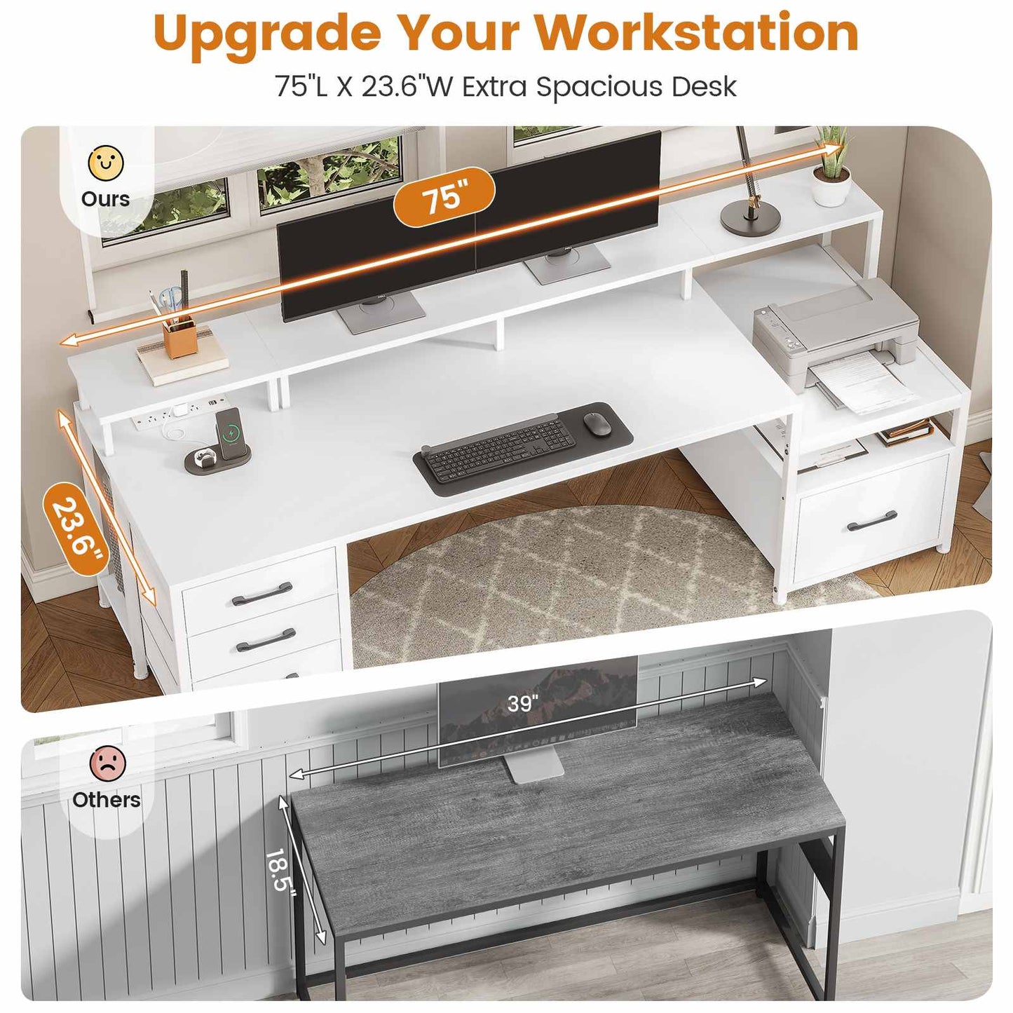 75 Inches Led Gaming Desk with Power Outlet and Monitor Shelf White