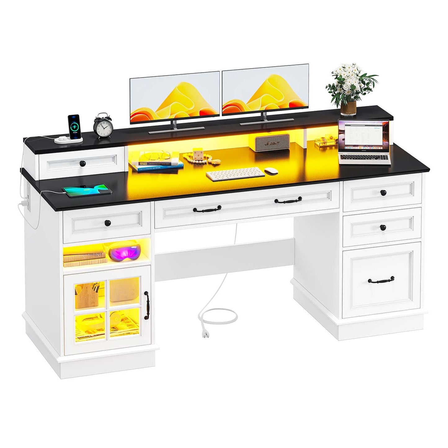 Executive LED Gaming Desk with Monitor Stand White