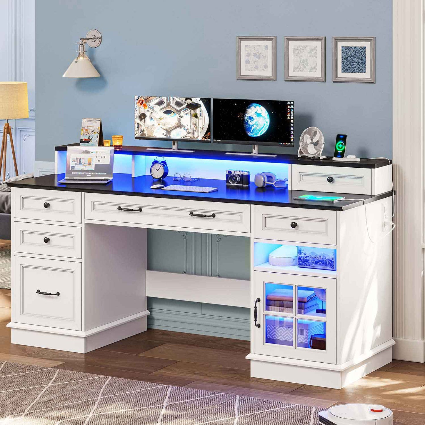 Executive LED Gaming Desk with Monitor Stand White