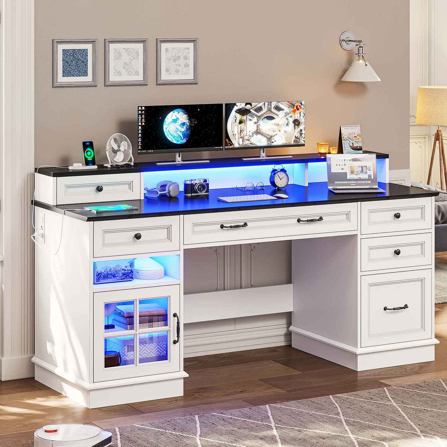Executive LED Gaming Desk with Monitor Stand White
