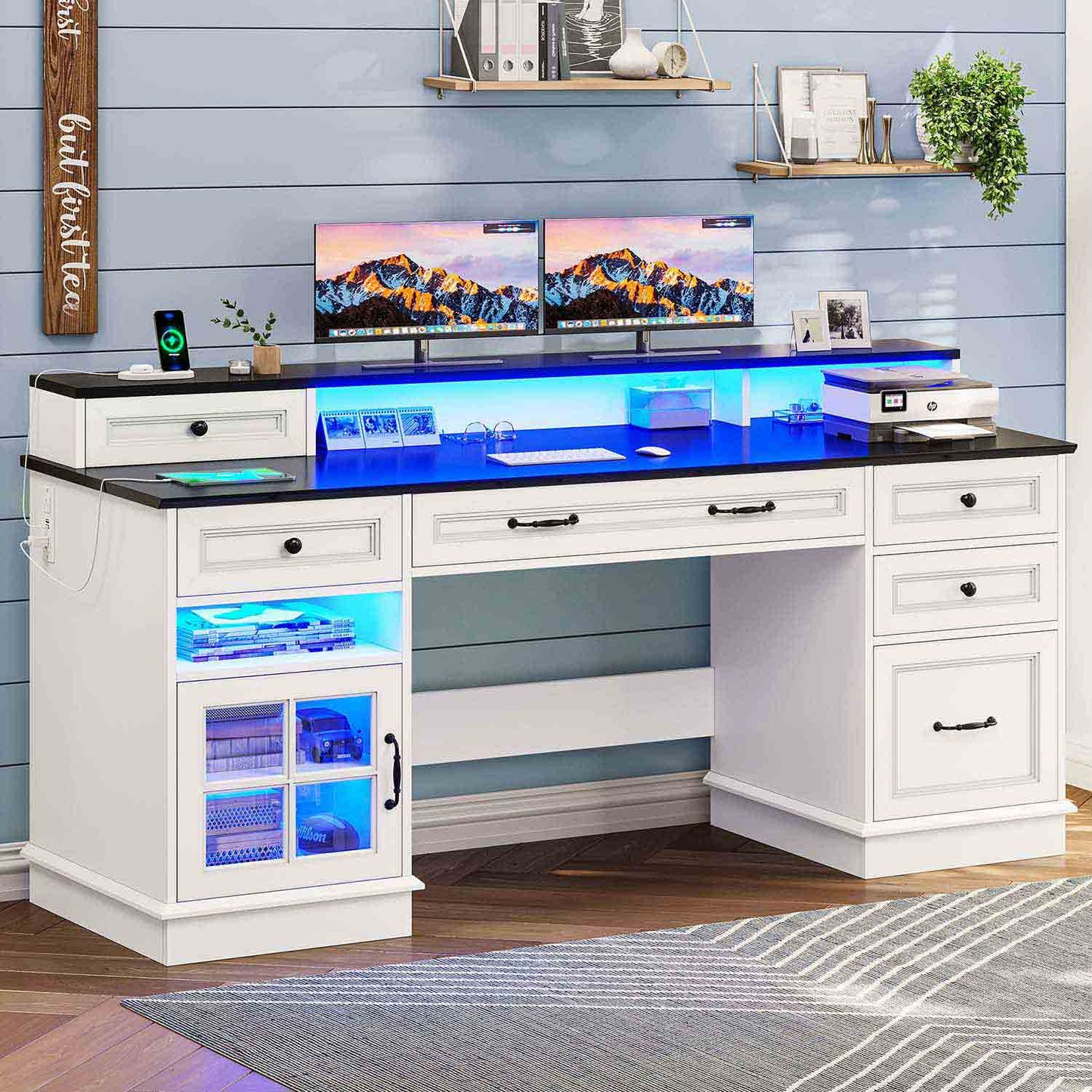 Executive LED Gaming Desk with Monitor Stand White