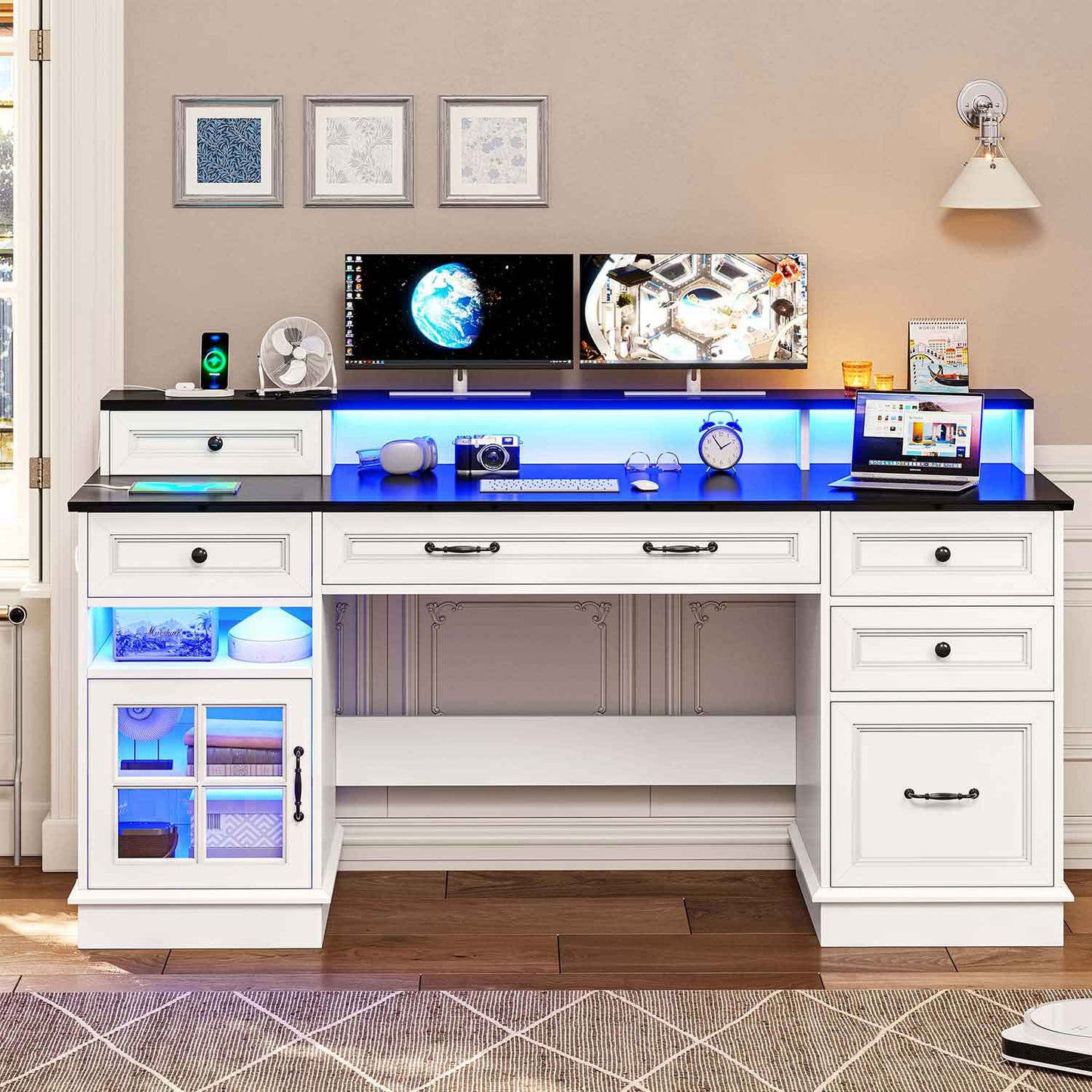 Executive LED Gaming Desk with Monitor Stand White