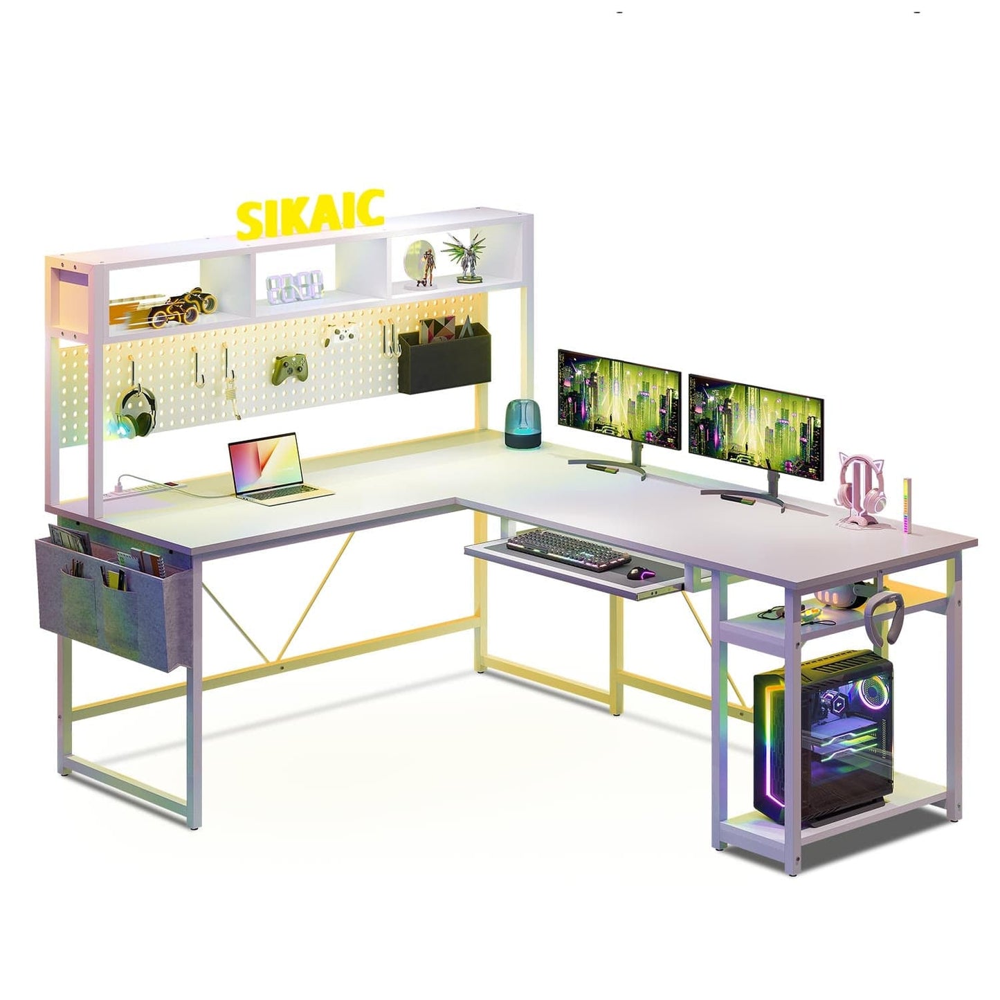 L Shaped Reversible Gaming Desk With LED Lights White