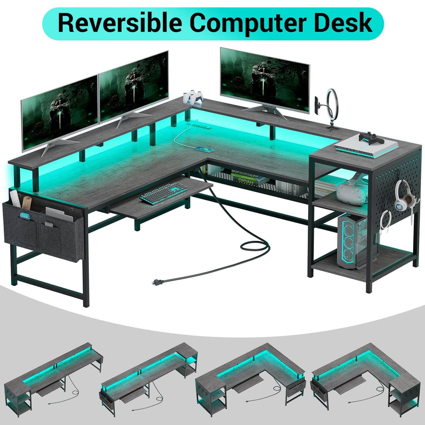 96 Inches L Shaped Reversible LED Gaming Desk Grey