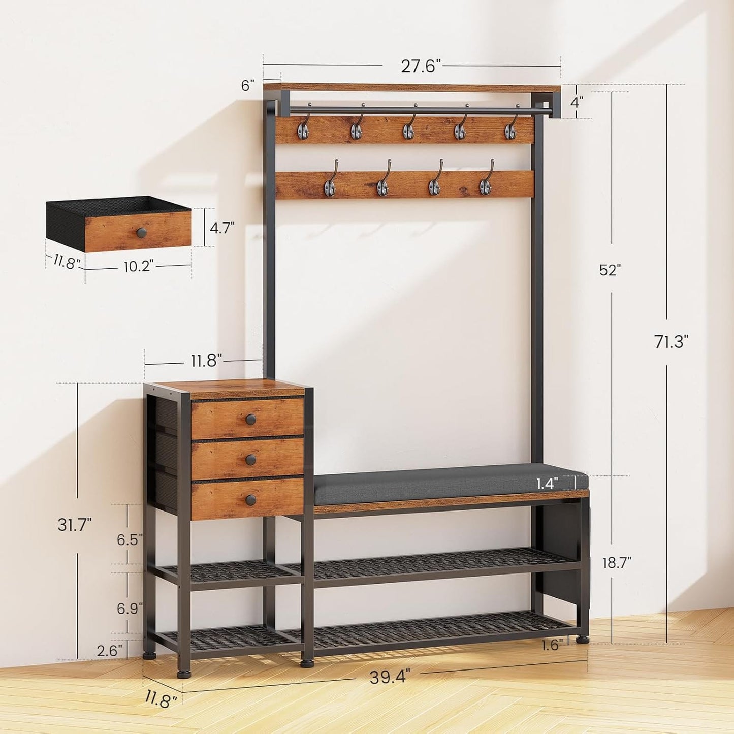 5-in-1 Entryway Hall Tree with Bench and Shoe Storage Rustic Brown