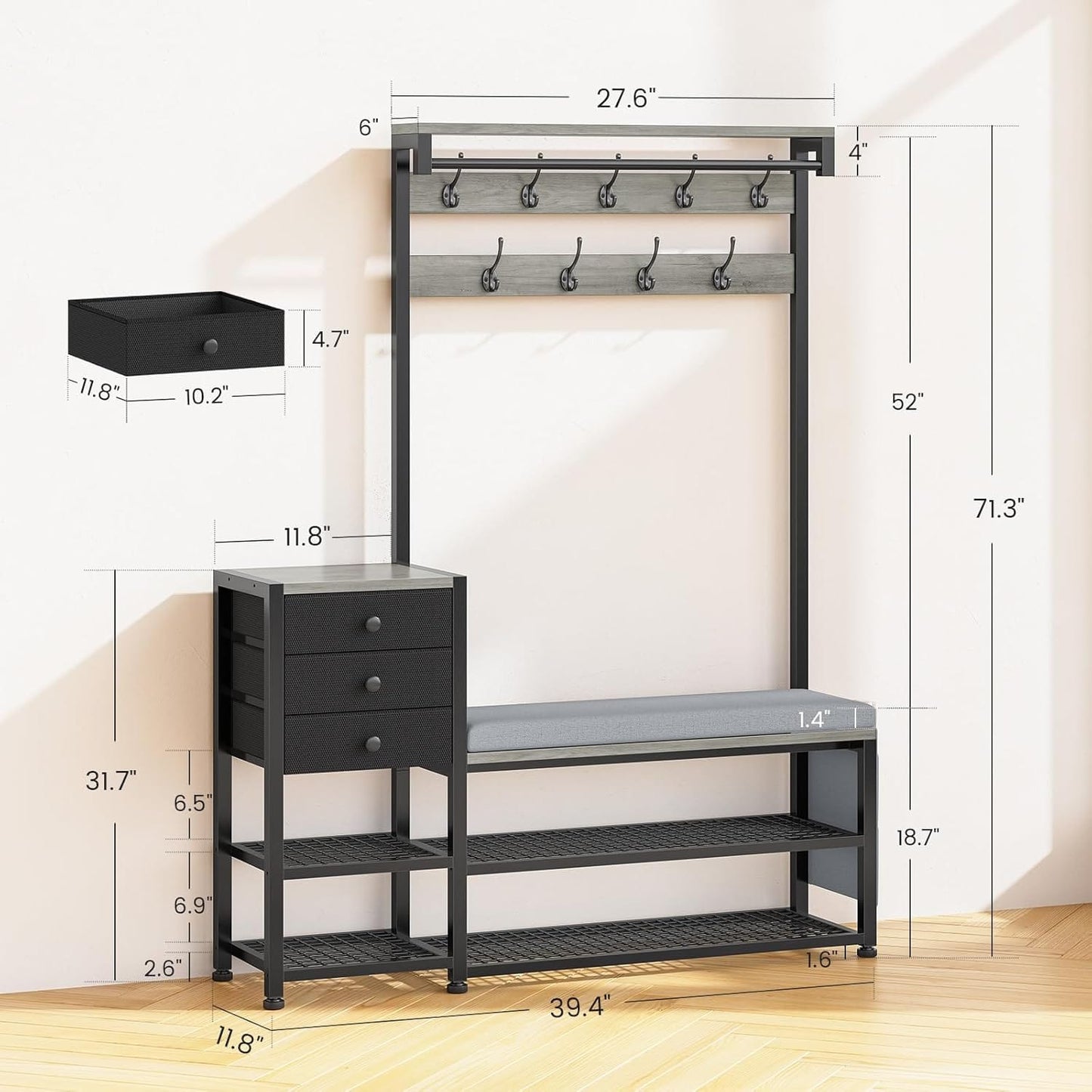 5-in-1 Entryway Hall Tree with Bench and Shoe Storage Grey
