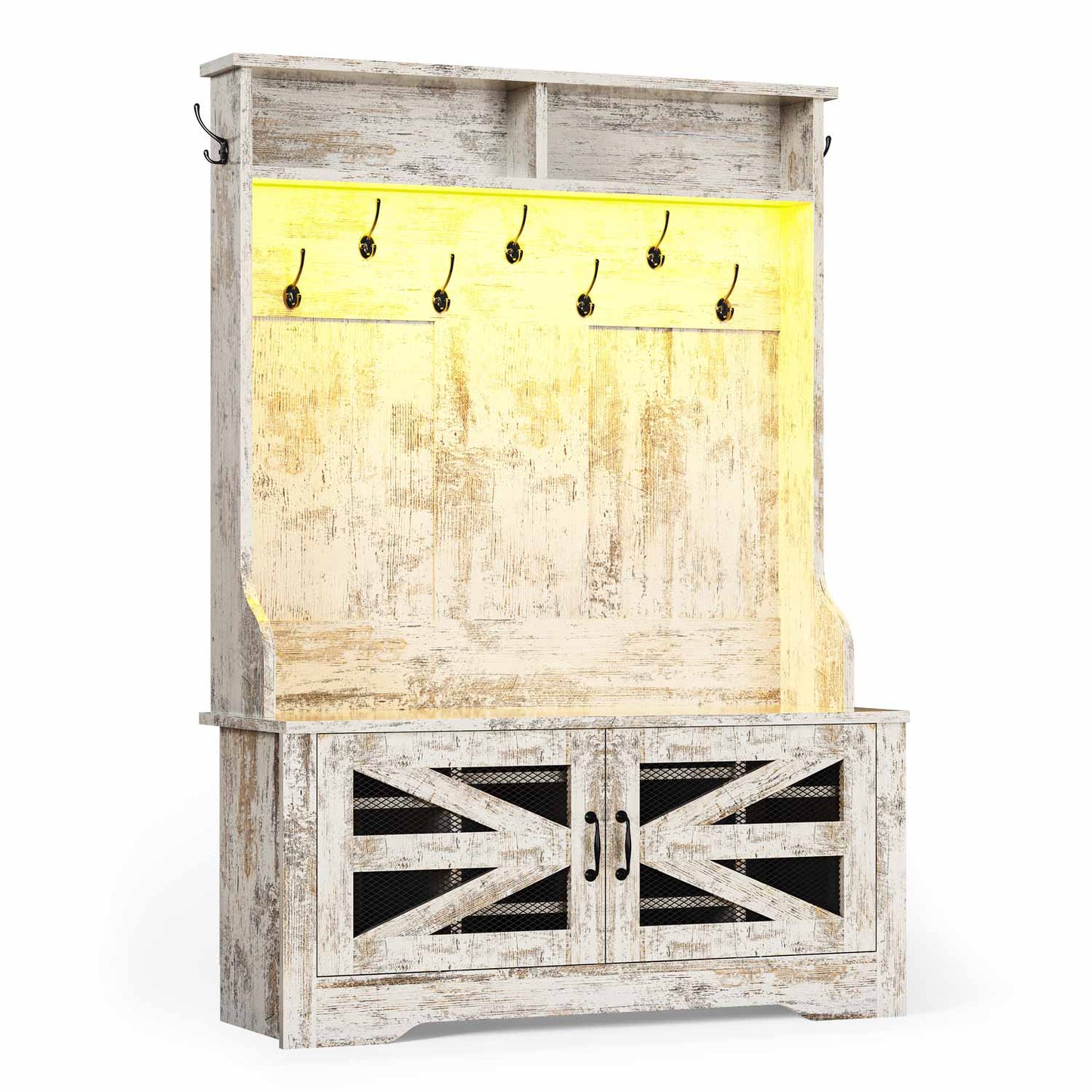 43.3 Inches Hall Tree with Bench and Shoe Storage Vintage White