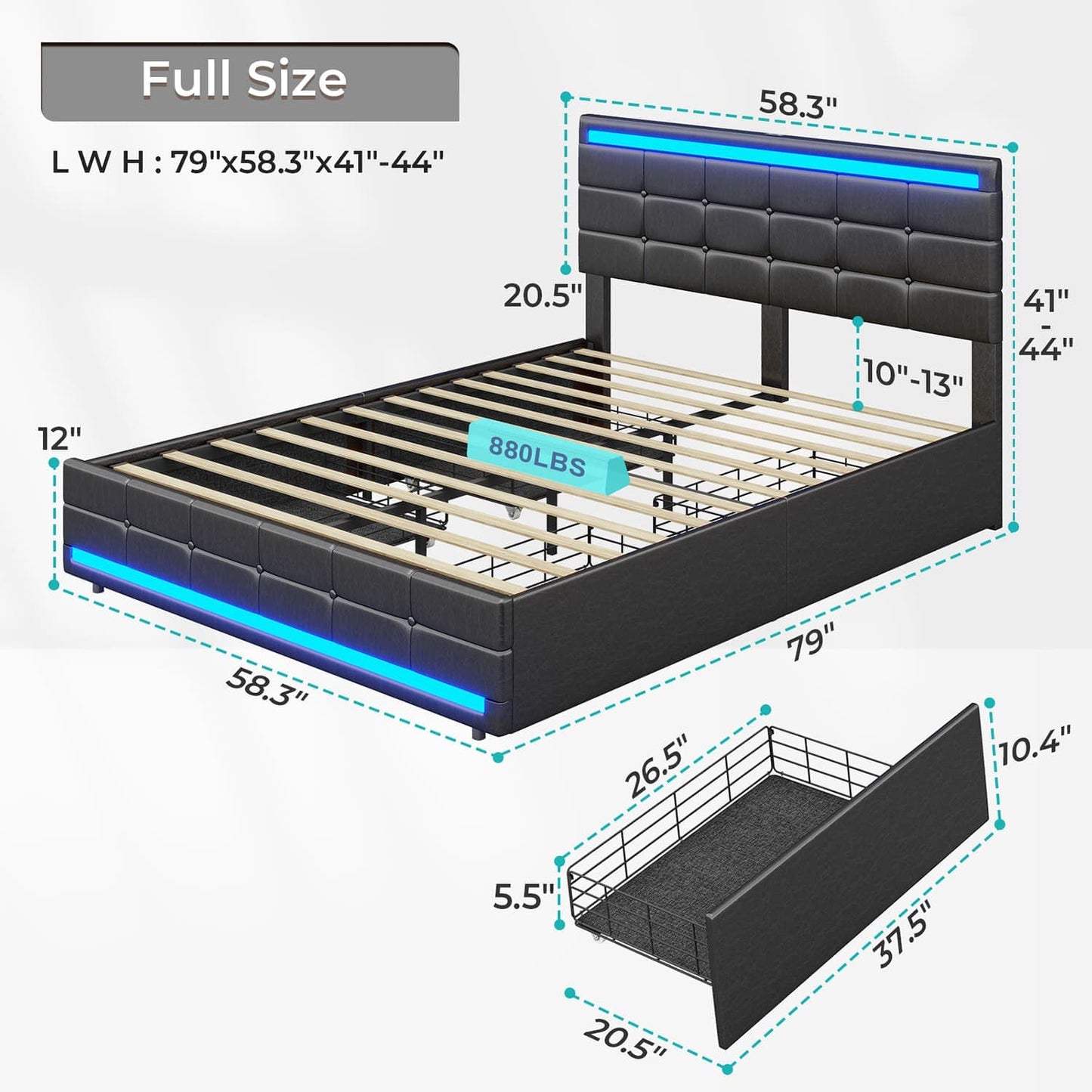 PU Leather Upholstered Bed Frame with 4 Storage Drawers Black