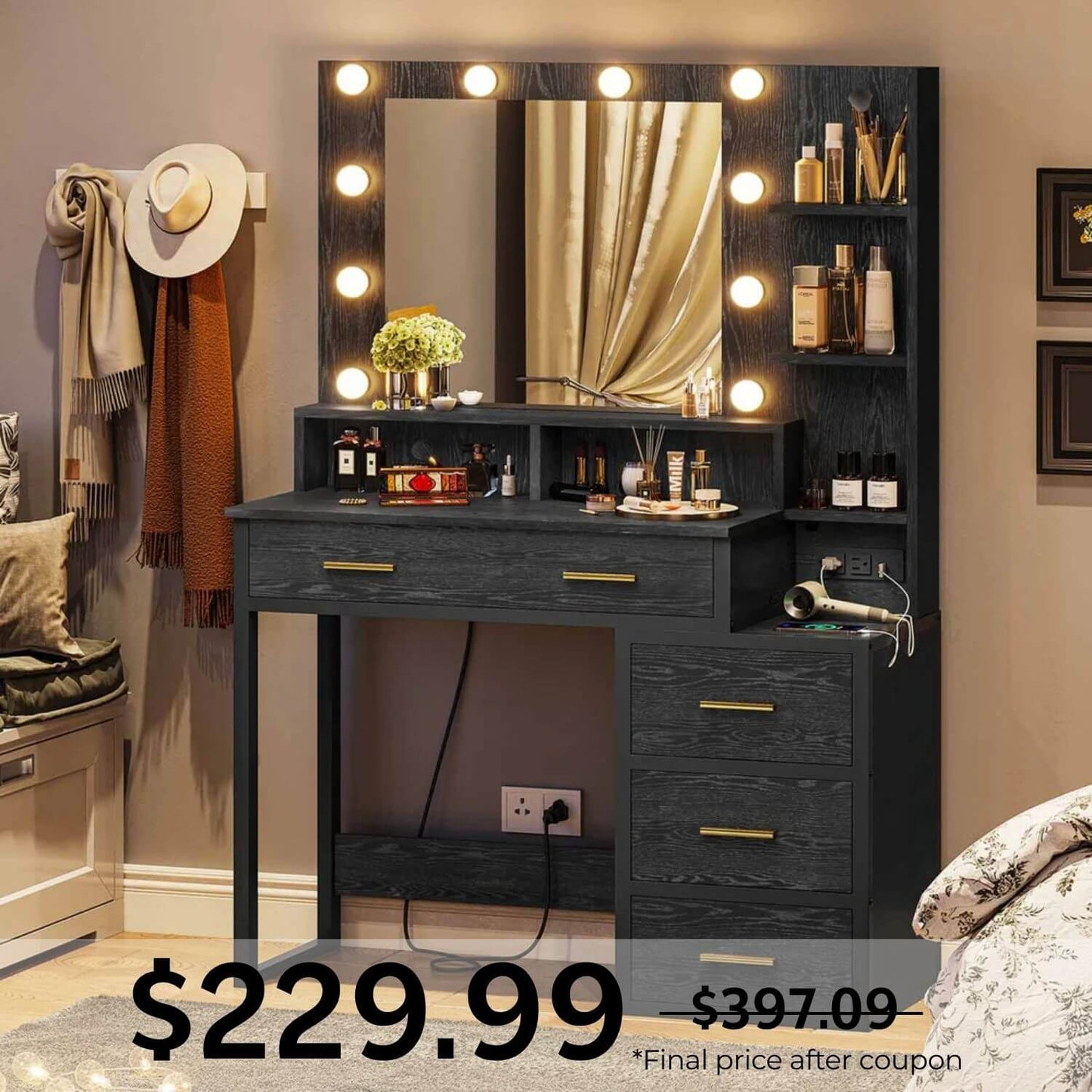 Makeup Vanity with LED Mirror Charging Station Black