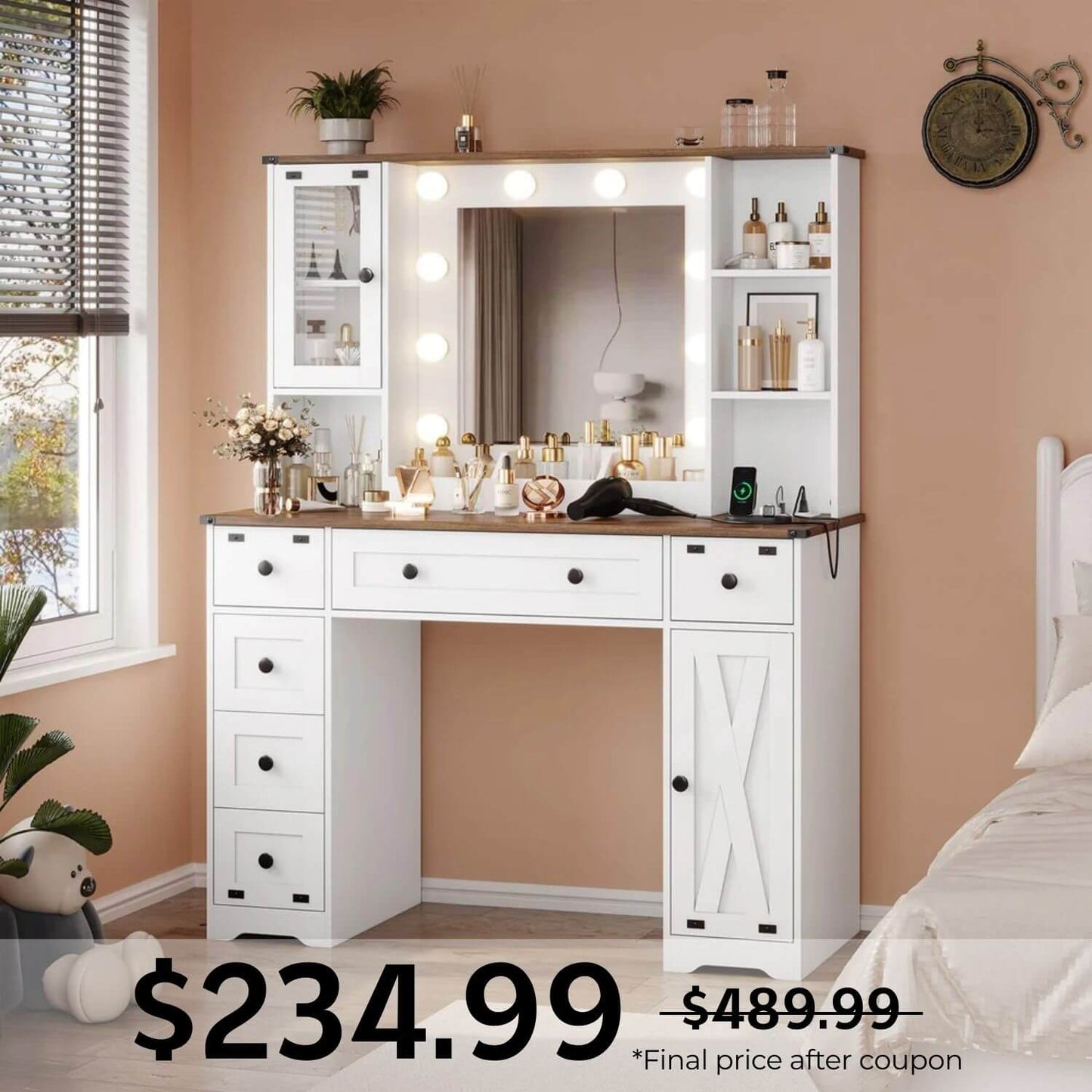 43 Inches Makeup Vanity with Lighted Mirror White