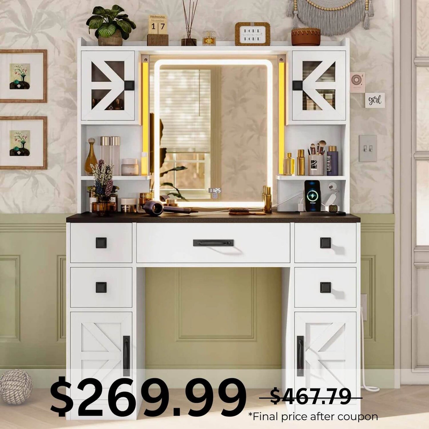 LED Makeup Vanity with Digital Clock White
